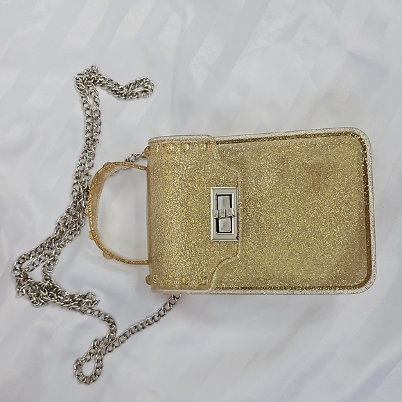 SPARKLE GOLD PLASTIC HANDBAG -GOLD SPARLE WITH SILVER CHAIN STRAP - Picture 6 of 8